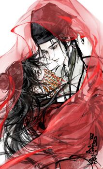 2boys artist_request bishounen black_eyes black_hair black_hat chinese_clothes chinese_text chinese_wedding closed_mouth coin coin_mask commission covered_mouth dao_gui_yi_xian eye_contact eyelashes faux_traditional_media from_side hair_bun hair_ribbon half_updo hand_on_another&#039;s_neck hanfu hat height_difference highres holed_coin honggaitou hug ink_wash_painting jewelry jin_(headwear) li_huowang long_hair long_sleeves looking_at_another looking_down male_focus mask mouth_veil multiple_boys profile red_eyes red_hanfu red_ribbon red_veil ribbon robe second-party_source see-through_clothes see-through_veil shared_veil simple_background single_hair_bun upper_body veil watermark white_background white_hanfu wide_sleeves yaoi zhouzi_jin_(headwear) zhuge_yuan