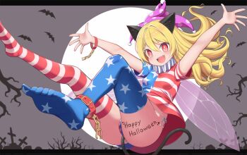 american_flag american_flag_bikini american_flag_legwear american_flag_print american_flag_shirt animal_ears ass bat_(animal) bikini blonde_hair body_writing bracelet breasts cat_ears cat_tail chain clownpiece collarbone dress english_text fairy_wings flag_print flag_print_bikini full_moon graveyard halloween halloween_costume happy_halloween harunoha hat highres jester_cap jewelry legacy_of_lunatic_kingdom moon neck_ruff polka_dot polka_dot_headwear print_bikini print_shirt purple_hat red_eyes sharp_teeth shirt small_breasts star-shaped_pupils star_(symbol) star_print striped_clothes striped_dress swimsuit symbol-shaped_pupils tail teeth touhou wings