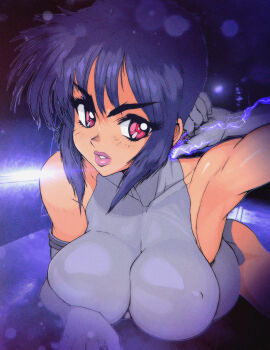 1girl arm_under_breasts arm_up armpits bloom breasts cable covered_erect_nipples cyberpunk cyborg dark_background elbow_gloves electricity film_grain ghost_in_the_shell gloves hand_on_own_head highres kusanagi_motoko large_breasts lens_flare leotard light_blush lipstick looking_at_viewer lying makeup mechabare on_stomach pink_eyes pink_lips purple_background purple_gloves purple_hair purple_leotard purple_theme sidelocks skin_tight sleeveless solo system_st91 turning_head