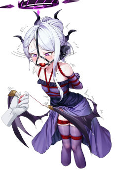 1girl absurdres arms_behind_back ball_gag bare_shoulders bdsm black_halo black_ribbon blue_archive bondage bound bound_arms bound_legs bound_torso controller crying crying_with_eyes_open demon_girl demon_horns demon_wings dress drooling egg_vibrator female_focus flat_chest forced_orgasm gag gag_harness gagged half-closed_eyes halo hand_up highres hina_(blue_archive) hina_(dress)_(blue_archive) holding holding_remote_control horns kumachi_(aikawaakeya) loli long_hair low_wings multiple_horns purple_dress purple_eyes purple_hair purple_thighhighs remote_control restrained ribbon rope saliva sex_toy shibari shibari_over_clothes skindentation solo standing sweat tears thighhighs trembling vibrator vibrator_cord vibrator_under_clothes white_background wiffle_gag wings zettai_ryouiki
