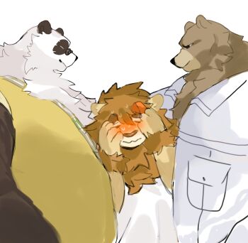 3boys animal_ears artist_self-insert bear_boy bear_ears ben_bigger black_fur blush brown_fur closed_eyes closed_mouth cocoducker commentary covering_face fat fat_man furry furry_male highres jacket lion_boy lion_ears lion_mane looking_to_the_side male_focus multicolored_fur multicolored_hair multiple_boys original pan_yinhu panda_boy panda_ears shirt shy smile streaked_hair sweatdrop symbol-only_commentary white_background white_fur white_jacket white_shirt yellow_shirt zenless_zone_zero