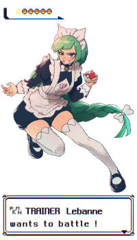1girl absurdres apron black_dress braid braided_ponytail brown_eyes dress green_hair highres holding holding_poke_ball juliet_sleeves lebanne_(pokemon) long_hair long_sleeves looking_at_viewer maid maid_apron maid_headdress mega_stone nintendo open_mouth poke_ball poke_ball_(basic) pokemon pokemon_legends:_z-a puffy_sleeves single_braid solo spoiledmuffin thighhighs thighs white_thighhighs