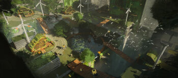 Rule 34 | absurdres, city, commentary, english commentary, felixriano, flock, grass, green theme, highres, house, landscape, light rays, no humans, original, outdoors, painterly, pond, robot, scenery, science fiction, solarpunk, tower, tree, water, wind turbine, windmill