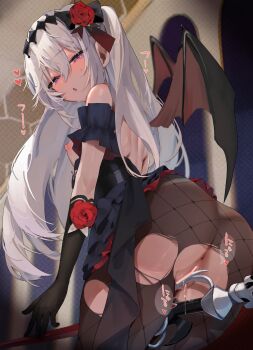 1girl absurdres bare_shoulders bat_wings black_bow black_dress black_gloves black_pantyhose bow breasts commission demon_girl dress female_masturbation fishnet_pantyhose fishnets flower frilled_dress frills gloves hair_flower hair_ornament heart highres long_hair looking_at_viewer looking_back mare_(ac8231) masturbation nipples one_side_up original pantyhose parted_lips protected_link red_eyes red_flower red_rose rose second-party_source skeb_commission solo sweat torn_clothes torn_pantyhose w_(1999_kyu) white_hair wings