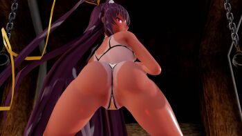 1girl 3d :3 animal_ears animal_print anus anus_peek arm_support artist_request ass bare_legs bare_shoulders bikini blush breasts brown_eyes brown_hair cameltoe cat_ears cat_print fake_animal_ears hair_ribbon highres long_hair looking_at_viewer looking_back mizuki_yukikaze partially_visible_anus ribbon small_breasts smile solo spread_legs swimsuit taimanin_(series) taimanin_yukikaze tan tanline thong thong_bikini upper_body very_long_hair