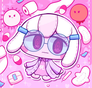1girl @_@ arms_at_sides blue-framed_eyewear buttons chibi chibi_only closed_mouth clothes_writing collared_dress commentary_request dress full_body glasses heart heart_button highres jacket kneeling lapels long_sleeves looking_at_viewer menstrual_pad open_clothes open_jacket original pepoyo pill pink_background pink_dress pink_eyes pocket purple_jacket round_eyewear simple_background solo sparkle tampon toilet_paper virus wavy_mouth
