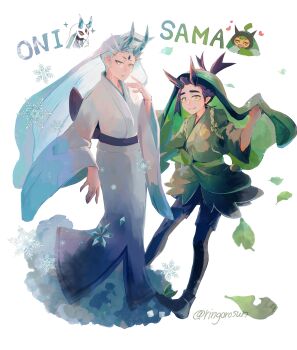 Rule 34 | 1girl, 2boys, bow, commentary request, cosplay, crossdressing, crossdressing (mtf), drayton (pokemon), dress, froslass, froslass (cosplay), gen 4 pokemon, green jacket, hand up, heart, highres, horns, jacket, kieran (pokemon), leaf, looking at viewer, multiple boys, nintendo, ogerpon, ogerpon (cosplay), pantyhose, pokemon, pokemon (creature), pokemon sv, purple hair, ringorowasabi, shorts, snowflakes, veil, white background, yellow eyes