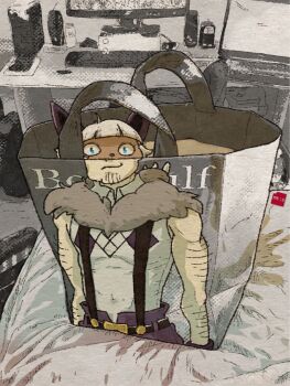 1girl bag bed bedroom beowulf_(skullgirls) blue_eyes bob_cut cat computer computer_tower desk fur_trim in_bag in_container indoors computer_keyboard minawa108 monitor ms._fortune_(skullgirls) photo-referenced shopping_bag short_hair skullgirls solo speaker suspenders white_hair