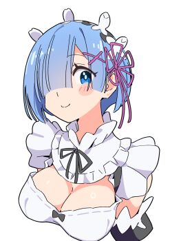 1girl blue_eyes blue_hair blush breasts closed_mouth dress frilled_dress frills hair_ornament hair_over_one_eye hair_ribbon highres large_breasts maid maid_headdress noyama_takenoko re:zero_kara_hajimeru_isekai_seikatsu rem_(re:zero) ribbon roswaal_mansion_maid_uniform short_hair simple_background smile solo upper_body white_background x_hair_ornament