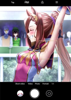 Rule 34 | 1boy, 2girls, absurdres, animal ears, armpits, arms up, bakushin o armpit gif (meme), black gloves, black sailor collar, blush, brown hair, closed eyes, commentary, english commentary, epaulettes, gloves, gold hairband, grin, hairband, hayakawa tazuna, highres, horse ears, horse girl, long hair, manjo (warito), meme, multiple girls, neckerchief, people, pink shirt, ponytail, sailor collar, sakura bakushin o (blossom in learning) (umamusume), sakura bakushin o (umamusume), shirt, sleeveless, sleeveless shirt, smile, solo focus, sweat, t-head trainer (umamusume), trainer (umamusume), umamusume, yellow neckerchief