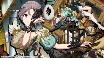 Rule 34 | 2girls, asakura toru, bare shoulders, blue butterfly, blue eyes, bug, butterfly, column, commentary request, earrings, egg, flower, fumage (idolmaster), hair ornament, idolmaster, idolmaster shiny colors, idolmaster shiny colors song for prism, insect, jewelry, multiple girls, official art, open door, pillar, purple flower, purple hair, purple rose, red nails, rose, shoes, stairs, white shoes, yukoku kiriko