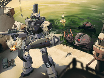 Rule 34 | absurdres, acguy, holding behind back, buoy, crane, dock, gm sniper ii, googerm, gun, gundam, gundam 0080, highres, holding, holding gun, holding weapon, mecha, no humans, rifle, robot, shield, smoke, sniper rifle, scope, vehicle, water, weapon
