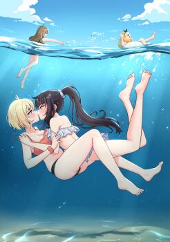 4girls aauugghh_garrison absurdres air_bubble barefoot between_legs bikini black_bikini black_hair black_hairband blonde_hair blue_bikini blue_sky blush brown_hair bubble cloud commentary day english_commentary hairband highres innertube inoue_takina kiss kurumi_(lycoris_recoil) long_hair lycoris_recoil multiple_girls nakahara_mizuki nishikigi_chisato ocean open_clothes orange_bikini outdoors ponytail short_hair sky smile swim_ring swimsuit toilet underwater untied_bikini yuri