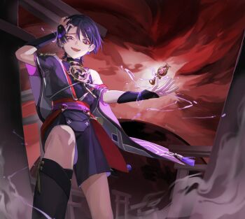 1boy architecture bridal_gauntlets chinese_commentary east_asian_architecture electricity electro_symbol_(genshin_impact) eyeliner fangs floating genshin_impact glowing gnosis_(genshin_impact) hair_between_eyes hand_up hat head_tilt highres japanese_clothes knee_up looking_at_viewer looking_down makeup moon open_mouth purple_eyes purple_hair red_background red_eyeliner red_moon red_sky scaramouche_(genshin_impact) shade short_hair shorts single_bare_shoulder sky sleeveless solo standing wide-eyed wind zhitianxinchang24730