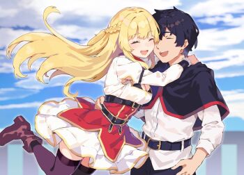 Rule 34 | 1boy, 1girl, armpit cutout, artist request, belt, black belt, black capelet, black hair, blonde hair, blue sky, boots, braid, brown boots, brown thighhighs, capelet, closed eyes, clothing cutout, cloud, cloudy sky, commentary request, corset, half up braid, hetero, highres, hug, long hair, long sleeves, official art, open mouth, red (shin no nakama), red corset, rit (shin no nakama), second-party source, shin no nakama janai to yuusha no party wo oidasareta no de henkyou de slow life suru koto ni shimashita, shirt, short hair, skirt, sky, smile, teeth, thighhighs, upper teeth only, white shirt, white skirt