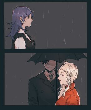 Rule 34 | 1boy, 2girls, alternate costume, alternate universe, black coat, blonde hair, blue hair, breasts, coat, collared coat, collared shirt, commentary, edelgard von hresvelg, edelgard von hresvelg (timeskip), english commentary, eye mask, faceless, faceless male, female byleth (fire emblem), fire emblem, fire emblem: three houses, from side, hair between eyes, hair over one eye, highres, hubert von vestra, long sleeves, mask, medium breasts, multiple girls, necktie, nintendo, oastlv, parted lips, purple eyes, red coat, shaded face, shirt, side ponytail, vest, wavy hair