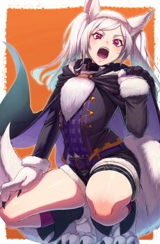 1girl aduti_momoyama animal_collar animal_ears animal_hands belt black_jacket black_shorts breasts cape collar fake_animal_ears female_robin_(fire_emblem) female_robin_(grima)_(fire_emblem) female_robin_(grima)_(halloween)_(fire_emblem) fire_emblem fire_emblem_awakening fire_emblem_heroes fur_trim gloves halloween halloween_costume highres jacket long_hair long_sleeves looking_at_viewer nintendo official_alternate_costume open_mouth paw_gloves paw_shoes red_eyes shirt shorts solo tail teeth thigh_strap thighs twintails werewolf_costume white_hair wolf_ears wolf_paws wolf_tail