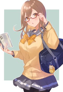 Rule 34 | 1girl, absurdres, bag, black bag, black pantyhose, black sailor collar, blonde hair, book, border, brown eyes, brown hair, buttons, cardigan, colored inner hair, commentary request, grey background, grey skirt, highres, holding, holding book, kunikida hanamaru, love live!, multicolored hair, open mouth, pantyhose, pekoo (pekota), sailor collar, school bag, semi-rimless eyewear, skirt, solo, white border, yellow cardigan