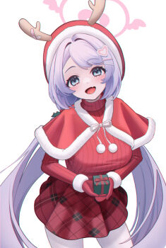1girl antlers blue_archive blue_hair capelet commentary_request fake_antlers fang gift hair_ornament halo hanae_(blue_archive) hanae_(christmas)_(blue_archive) heart heart_hair_ornament heart_halo highres holding holding_gift horns long_hair looking_at_viewer low_twintails mittens official_alternate_costume pantyhose pink_halo poyih red_capelet red_mittens red_sweater reindeer_antlers ribbed_sweater skin_fang smile solo sweater twintails white_background white_pantyhose