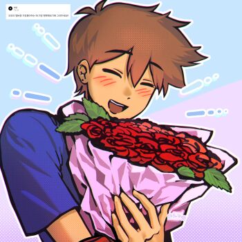1boy alternate_costume antenna_hair artist_name blue_background blue_shirt blush bouquet brown_hair bu3hgg closed_eyes dark-skinned_male dark_skin double-parted_bangs ear_piercing flower hair_between_eyes hero_(faraway)_(omori) hero_(omori) highres holding holding_bouquet korean_text male_focus omori open_mouth piercing pink_background red_flower red_rose rose shirt short_sleeves smile solo t-shirt teeth tongue translation_request twitter_username two-tone_background upper_body upper_teeth_only