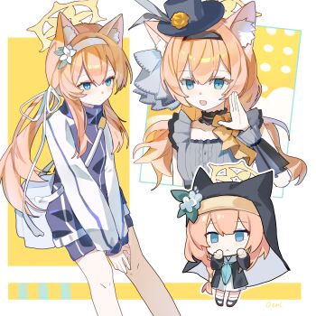 1girl absurdres animal_ears black_hat black_veil blue_archive blue_eyes cat_ears cat_girl gym_shorts gym_uniform halo hat highres jacket looking_at_viewer mari_(blue_archive) mari_(idol)_(blue_archive) mari_(track)_(blue_archive) nun official_alternate_costume official_alternate_hairstyle orange_hair otarc ponytail school_uniform short_shorts shorts thighs track_jacket twintails veil yellow_halo