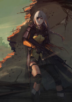 1girl absurdres against_wall arm_ribbon armor assault_rifle asymmetrical_legwear black_boots black_gloves blonde_hair blunt_bangs boots braid bullet_hole cityscape commentary concrete crack cracked_wall eyepatch girls'_frontline gloves green_shirt grey_skirt gun highres holding holding_gun holding_weapon huge_filesize knee_pads long_hair m16 m16a1 m16a1_(boss)_(girls'_frontline) m16a1_(girls'_frontline) multicolored_hair pleated_skirt pouch rebar red_ribbon ribbon ricocheting rifle rubble ruins shirt shoulder_armor sidelocks silver_hair single_braid skirt solo sparks streaked_hair thigh_strap uneven_legwear viscum weapon wind yellow_eyes