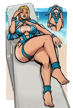 1girl absurdres blonde_hair blue_eyes blue_lips blue_nails breasts earrings emma_frost highres jewelry large_breasts lipstick looking_at_viewer makeup marvel marvel_rivals peter_chai short_hair solo swimsuit x-men