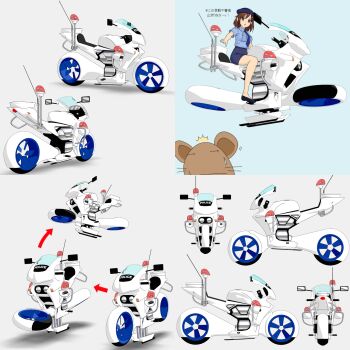 1girl 3d arrow_(symbol) artist_self-insert black_footwear brown_eyes brown_hair flying hat highres miniskirt motor_vehicle motorcycle necktie pencil_skirt police police_uniform policewoman poporon_(henkumapoporon) shoes short_hair skirt translation_request