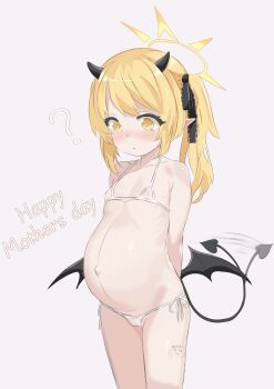 1girl ? absurdres arms_behind_back bikini black_horns black_tail black_wings blonde_hair blue_archive blush cowboy_shot demon_girl demon_horns demon_tail demon_wings halo harioqi highres horns ibuki_(blue_archive) loli micro_bikini mother's_day navel outie_navel pointy_ears pregnant pregnant_loli side-tie_bikini_bottom side_ponytail simple_background solo swimsuit tail tail_wagging white_background white_bikini wings yellow_eyes yellow_halo