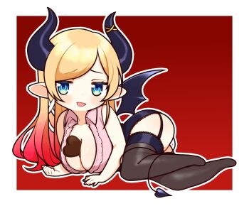 Rule 34 | 1girl, bare shoulders, between breasts, black horns, black skirt, black tail, black thighhighs, black wings, blonde hair, blue eyes, blush, border, breasts, candy, chibi, chocolate, chocolate heart, chocolate on body, chocolate on breasts, commentary request, demon girl, demon horns, demon tail, demon wings, food, food on body, garter straps, gradient hair, heart, heart-shaped food, highres, hololive, horns, large breasts, multicolored hair, okunin, pink hair, pink shirt, pointy ears, red background, shirt, simple background, skirt, solo, tail, thighhighs, two-tone hair, virtual youtuber, white border, wings, yuzuki choco, yuzuki choco (1st costume)