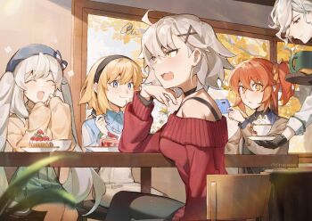 1boy 4girls absurdres ahoge bare_shoulders beret black_gloves black_hat black_pantyhose black_shirt blonde_hair blue_eyes blue_shirt blush breasts brown_jacket brown_sweater cake choker citrusarjun cup eating edmond_dantes_(fate) fate/grand_order fate_(series) food fujimaru_ritsuka_(female) gloves grey_hair hairband hat highres jacket jeanne_d&#039;arc_(fate) jeanne_d&#039;arc_alter_(fate) large_breasts long_hair long_sleeves marie_antoinette_(fate) medium_breasts multiple_girls off_shoulder one_side_up open_mouth orange_eyes orange_hair pantyhose red_eyes red_sweater shirt short_hair sidelocks smile squiggle sweater table teacup the_count_of_monte_cristo_(fate) twintails very_long_hair white_hair yellow_eyes