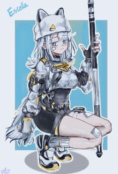Rule 34 | 1girl, animal ears, animal hat, arknights, arknights: endfield, bandaid, bandaid on cheek, bandaid on face, beanie, black bodysuit, black gloves, blue eyes, bodysuit, breasts, character name, closed mouth, commentary request, crop top, crop top overhang, estella (arknights), fake animal ears, fingerless gloves, full body, gloves, grey hair, hand up, hat, highres, long hair, looking at viewer, medium breasts, ribbed socks, shadow, shirt, shoes, socks, solo, squatting, tail, tiptoes, violetstone, white hat, white shirt, white shoes, white socks