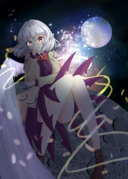 1girl absurdres boots bow bowtie braid brown_boots clothing_request commentary covered_mouth earth_(planet) highres kishin_sagume long_sleeves looking_at_viewer moon nettian51 pink_eyes planet pleated_skirt purple_skirt red_bow red_bowtie scenery short_hair single_braid single_wing sitting skirt solo space star_(sky) thighs touhou white_hair white_wings wings