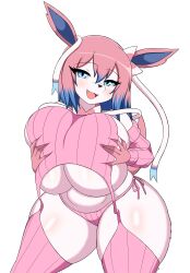 Rule 34 | 1girl, ass, blue eyes, blue hair, breasts, creatures (company), eyebrows, fang, furry, furry female, game freak, gen 6 pokemon, hair between eyes, hands on breasts, huge ass, huge breasts, meme attire, multicolored hair, nintendo, open mouth, pink fur, pink hair, pokemon, ribbon, soulkibble, sylveon, tail, two-tone hair