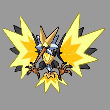 absurdres armor beak bird black_sclera claws colored_sclera fakemon full_body gen_1_pokemon grey_background highres legendary_pokemon mechanical_wings mechanization nintendo non-humanoid_robot original pixel_eyes pokemon pokemon_(creature) rgreywind robot robot_animal robot_bird simple_background talons wings yellow_armor yellow_eyes zapdos