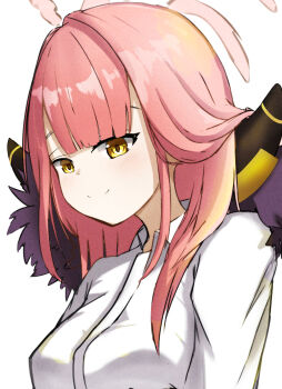 1girl absurdres aru_(blue_archive) blue_archive breasts brown_horns commentary_request demon_horns fur_trim halo highres horns long_hair long_sleeves looking_at_viewer low_horns medium_breasts moepu. pink_hair pink_halo portrait shirt smile solo white_shirt yellow_eyes