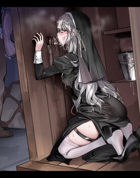 1boy 1girl bar_censor black_coif black_robe bucket censored commission cum cum_in_container cum_on_body cum_on_clothes facial fellatio glory_hole hetero highres indie_virtual_youtuber kanaut_nishe kneeling long_hair nakamura_rohane nun oral penis pixiv_commission robe thigh_strap thighhighs white_thighhighs