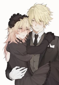 Rule 34 | 1boy, 1girl, alternate costume, back cutout, back tattoo, black dress, black hairband, black jacket, blonde hair, blush, braid, breast pocket, breasts, brown vest, butler, buttons, carrying, carrying person, closed mouth, clothing cutout, collared shirt, commentary request, couple, cross-laced clothes, cross-laced dress, dress, dress shirt, eye contact, facial mark, frilled hairband, frilled sleeves, frills, genderswap, genderswap (mtf), gloves, gothic lolita, gradient hair, hair between eyes, hairband, hand on another's shoulder, hand on another's waist, hetero, highres, honkai: star rail, honkai (series), jacket, juliet sleeves, layered dress, light smile, lolita fashion, lolita hairband, long hair, long sleeves, looking at another, mame (moment 2828), mark under eye, medium breasts, multicolored hair, mydei (honkai: star rail), nose blush, orange eyes, orange hair, phainon (honkai: star rail), phainon (khaslana) (honkai: star rail), pocket, princess carry, puffy sleeves, red tattoo, shirt, short hair, side braid, simple background, suit jacket, tattoo, two-tone hair, upper body, v-shaped eyebrows, very short hair, vest, waistcoat, white background, white gloves, white shirt, wing collar, yellow eyes