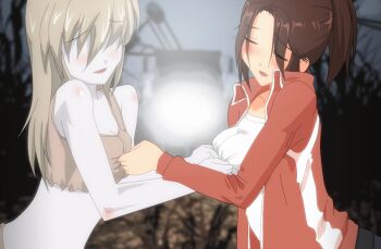 2girls animated animated_gif blush breasts brown_hair closed_eyes derivative_work grabbing_another's_breast groping hangaku jacket left_4_dead left_4_dead_1 long_hair medium_breasts multiple_girls nipple_pull nipple_stimulation nipple_tweak nipples no_eyes open_mouth shirt short_hair sidelocks silver_hair source_request tree witch_(left4dead) yuri zoey_(left4dead)