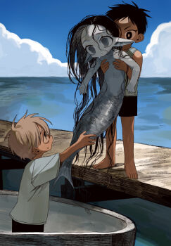 1girl 2boys barefoot black_eyes black_hair black_shorts boat brown_hair carrying carrying_person cloud colored_skin day grey_skin ishida_umi long_hair mermaid monster_girl multiple_boys nude ocean on_boat original outdoors pier pointy_ears rowboat shirt short_hair short_sleeves shorts sleeveless sleeveless_shirt standing t-shirt very_long_hair water watercraft white_shirt