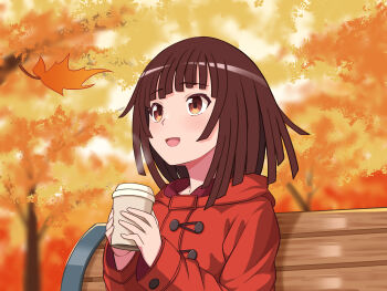 1girl absurdres autumn bakemonogatari bench blue_komett brown_eyes brown_hair coat cup highres holding holding_cup long_sleeves medium_hair monogatari_(series) on_bench open_mouth red_coat sengoku_nadeko sitting smile solo tree