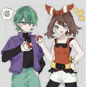 1boy 1girl bike_shorts bike_shorts_under_shorts blue_eyes bow_hairband brown_hair drew_(pokemon) fanny_pack fjne5534 green_hair green_pants hairband highres holding holding_poke_ball jacket looking_at_viewer may_(pokemon) mega_ring nintendo open_mouth pants poke_ball pokemon pokemon_(anime) pokemon_oras pokemon_rse_(anime) purple_jacket purple_shirt red_hairband red_shirt shirt shorts shorts_under_shorts