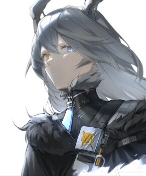Rule 34 | 1girl, artist request, bad source, black coat, black fur, black horns, closed mouth, coat, ear piercing, expressionless, from below, from side, fur coat, fur collar, fur trim, glowing, grey fur, grey hair, hair between eyes, heterochromia, highres, horns, long hair, looking down, looking to the side, piercing, shade, simple background, solo, standing, star-shaped pupils, star (symbol), sunbringer (zenless zone zero), symbol-shaped pupils, upper body, wavy hair, white background, zenless zone zero