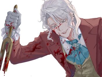 1boy @_@ ascot blood blood_on_clothes blood_on_face bloody_weapon blue_ascot collared_shirt ear_piercing earrings frederick_kreiburg frills gloves grey_eyes highres holding identity_v jacket jewelry long_hair long_sleeves male_focus medium_hair piercing ponytail red_jacket shirt simple_background smile solo tuning_fork upper_body vest weapon white_background white_gloves white_hair white_shirt yosomaru