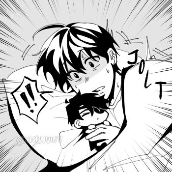 ! !! areuwuu character_doll doll greyscale hair_between_eyes head_on_pillow highres kim_dokja monochrome oldest_dream omniscient_reader&#039;s_viewpoint pillow short_hair sound_effects sweatdrop under_covers