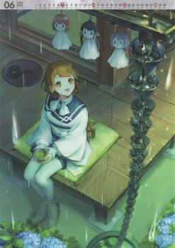 1girl absurdres brown_eyes brown_hair calendar_(medium) cup cushion flower highres hozuka_(kadokawa) incredibly_absurdres june kaiboukan_no._22_(kancolle) kaiboukan_no._30_(kancolle) kaiboukan_no._4_(kancolle) kantai_collection long_hair looking_up object_request official_art ootomari_(kancolle) pantyhose rain sitting smile solo teruterubouzu white_pantyhose yunomi zabuton