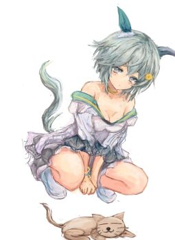 1girl animal_ears bare_shoulders blue_eyes blush bracelet breasts cat choker cleavage closed_mouth collarbone commentary_request dress ear_covers flower green_sailor_collar grey_hair hair_between_eyes hair_flower hair_ornament hairclip horse_ears horse_girl horse_tail jewelry looking_at_viewer medium_breasts off-shoulder_dress off_shoulder sailor_collar seiun_sky_(reeling_in_the_big_one)_(umamusume) seiun_sky_(umamusume) shoes short_hair squatting sunflower sunflower_hair_ornament tail umamusume yanagi_wakana yellow_choker