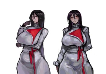 1girl black_hair breasts coat collar curious highres how_to_date_an_entity_(and_stay_alive) large_breasts long_hair looking_at_viewer mrs._(how_to_date_an_entity) original sfour_s4 simple_background smile tall_female trench_coat