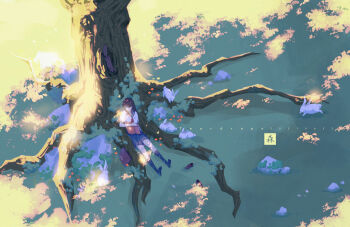 1girl absurdres artist_name black_hair black_socks blue_sailor_collar blue_skirt book brown_shoes bug butterfly commentary dappled_sunlight dated english_commentary forest grass highres insect loafers long_hair nature neckerchief open_book open_mouth original outdoors pleated_skirt rabbit red_neckerchief sailor_collar scenery school_uniform shirt shoes short_sleeves sitting skirt sleeping socks solo sunlight teardrops_(user_vgvd7733) tree unworn_shoes white_shirt wide_shot