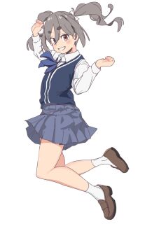 1girl 4uys ankle_socks blue_bow blue_bowtie blue_cardigan blush_stickers bow bowtie brown_eyes brown_hair cardigan cardigan_vest collared_shirt commentary_request eyes_visible_through_hair full_body grey_skirt grin hair_between_eyes hair_bow hands_up highres jumping kiriyama_an legs_up loafers long_hair long_sleeves looking_at_viewer midair miniskirt mono_(afro) pleated_skirt school_uniform shirt shoes short_eyebrows simple_background skirt smile socks solo twintails white_background white_bow white_shirt white_socks